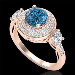 2.05 CTW Intense Blue Diamond Solitaire Art Deco 3 Stone Ring 18K Rose Gold - REF-300W2F - 38147