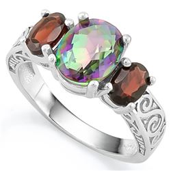 ***** FEATURE ITEM **** RING - 1 3/4 CARAT MYSTIC GEMSTONE & 2 1/5 CTW GARNET IN 925 STERLING SILVER