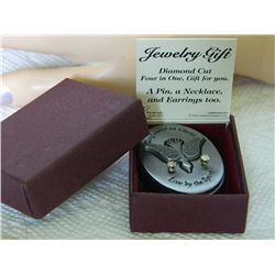 FROM ESTATE - JEWELRY GIFT - DIAMOND CUT FOUR IN ONE - A PIN, A NECKLACE, AND EARINGS TOO - "CONFIRM