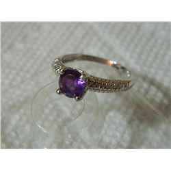 RING - 1 2/5 CARAT AMETHYST & DIAMOND IN 925 STERLING SILVER SETTING - SZ 8 - RETAIL ESTIMATE $400