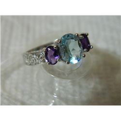 RING - 2 1/4 CARAT BABY SWISS BLUE TOPAZ & 1 3/4 CARAT AMETHYST IN 925 STERLING SILVER SETTING - SZ 