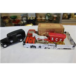 TWO ERTL DIE CAST VEHICLES AND TONKA TRUCK CAST IRON HORSE AND ICE WAGON