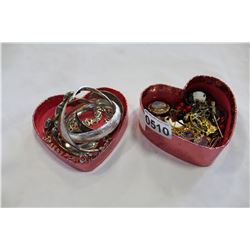 HEART BOX OF RELIGIOUS ITEMS AND BOX OF BANGLES AND PENDANT