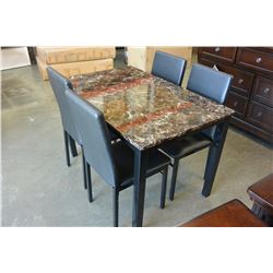 NEW MARBLE LOOK METAL BASE DINING TABLE AND 4 LEATHER CHAIRS, RETAIL $799