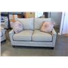 Image 2 : NEW ASHLEY CONTEMPORARY TAN FABRIC SOFA AND LOVESEAT WITH BRASS NAILHEAD AND 6 THROW PILLOWS RETAIL 