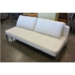 NEW WHITE LEATHER WITH ORANGE STITCHING MODERN FUTON WITH 2 PILLOWS AND CHROME BASE, RETAIL $1760