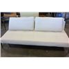 Image 2 : NEW WHITE LEATHER WITH ORANGE STITCHING MODERN FUTON WITH 2 PILLOWS AND CHROME BASE, RETAIL $1760