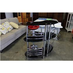 MODERN GLASS AND CHROME BAR AND MODERN RED STOOL