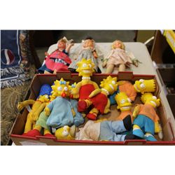 BOX OF SIMPSONS FIGURES AND 3 VINTAGE HOLLAND DOLLS