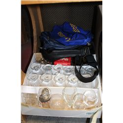 TRAY OF AIRLINE GLASSES AND BAGS