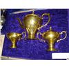 Image 2 : BRASS TEAPOT CREAM AND SUGAR, AND PLATTER IN VELVET BOX