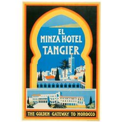 El Minza Hotel Tangier, THE GOLDEN GATEWAY TO MOROCCO, a colour lithographic poster for travel...