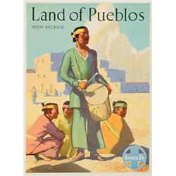 Santa Fe, LAND OF THE PEUBLOS, a colour poster for Santa Fe announcing, "New Mexico the Land of...