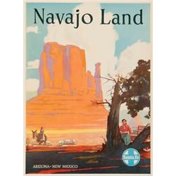 Santa Fe, NAVAJO LANDS, a colour poster for Santa Fe by Elms with additional notation of Arizon...