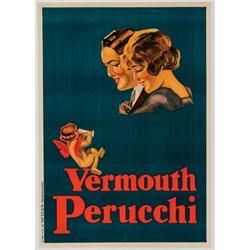 Vermouth Perucchi, An original vintage lithograph poster. Printed by Ortega circa 1925. A red w...