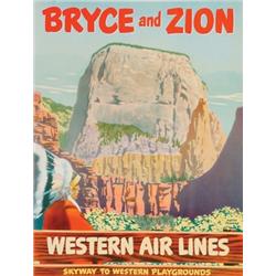 Western Airlines, BRYCE AND ZION, a poster by Keith Thomas for Western Air Lines. Announcing Br...