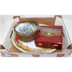 ART BASKET WITH PLATTERS & CIGAR BOX