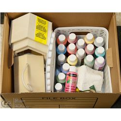 LARGE BOX OF CRAFT PAINTS & SUPPLIES W/ CERAMICS &