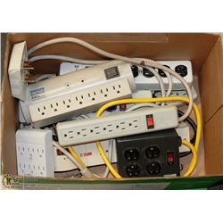 BOX OF POWER BARS & SURGE PROTECTORS