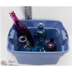 TOTE OF PURPLE / BLUE GLASS VASES & JARS