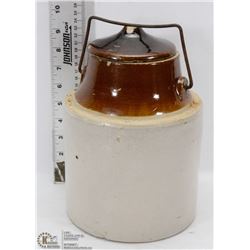 ANTIQUE PICKLE CROCK WITH WIRE BAIL LID.