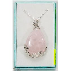 ROSE QUARTZ TEAR DROP SHAPED PENDANT WITH CHAIN.