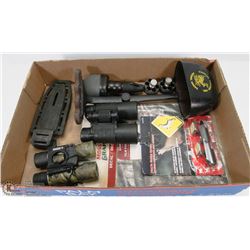 FLAT OF HUNTING ITEMS INCL 2 PAIR OF BINOCULARS,