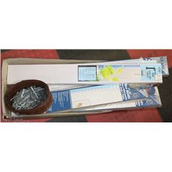 BIN OF BLINDS AND CURTAIN RODS, NEW IN BOX