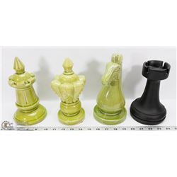 GROUP OF 3 GREEN OVERSIZED CHESS PIECES & 1 BLACK