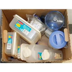 BOX OF NEW RUBBERMAID CONTAINERS - LUNCH, JUICE &