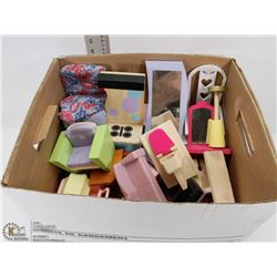 BOX OF DOLLHOUSE FURNITURE WITH SOME BARBIE