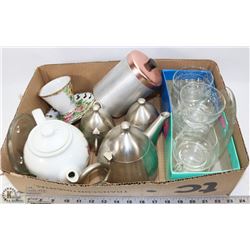 BOX OF TEA SETS, VINTAGE TEA CANISTER, ETCHED GLASS