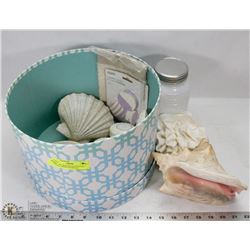 NEW HAT BOX FILLED WITH SEA SHELLS, HOME DECOR &