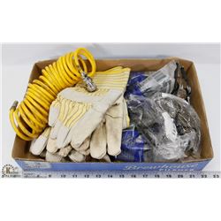FLAT OF NEW SAFETY GLASSES, AIR LINE & WORK GLOVES