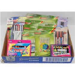 FLAT OF ASSORTED PENS, CRAYONS AND CHALK