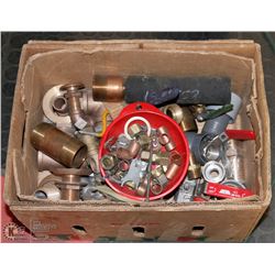 BOX OF ASSORTED PLUMBING FITTINGS, VALVES AND MORE