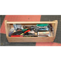 WOOD TOOLBOX WITH TOOLS.