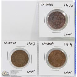 CANADA ONE CENT COINS  1916   1918  1919.