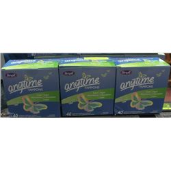 3 PACKAGES OF 40 ANYTIME TAMPONS.
