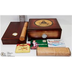 2 VINTAGE HUMIDORS WITH CIGAR TUBES, CUTTER