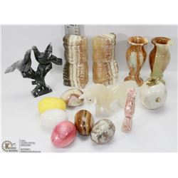 FLAT WITH ONYX , SMALL VASES, EGGS BOOKENDS AND