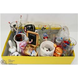 BOX OF COLLECTIBLE MUGS AND GLASSES , SALT &