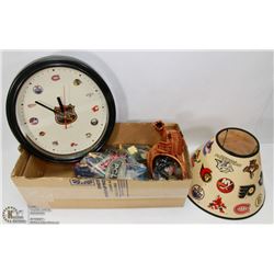 BOX WITH 1 NHL LAMP SHADE, NHL CLOCK, BELT BUCKLE