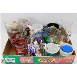 BOX OF MUGS AND GLASSES INCL HARLEY DAVIDSON,