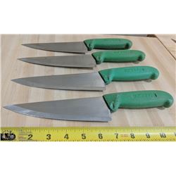 LOT OF 4 GREEN KNIVES, USED SHARPENED