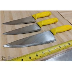 LOT OF 3 YELLOW KNIVES, USED SHARPENED