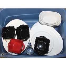 TOTE OF ASSORTED SERVING PLATES & DISHES