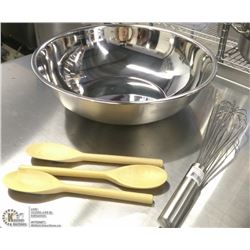 8QT BOWL, 14" WHIP, WOOD SPOONS - LOT OF 5 PIECES