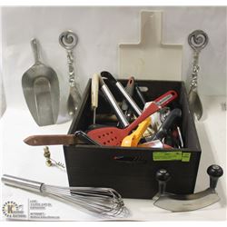 WOOD BOX FULL OF KITCHEN KNIVES , UTENSILS ETC.