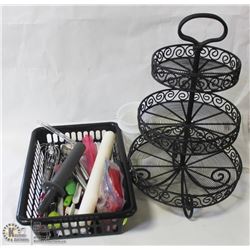 BASKET OF KITCHEN UTENSILS + METAL DISPLAY STAND